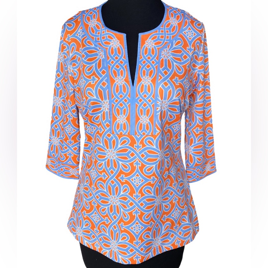 Gretchen Scott Blue And Orange Geometric Split Neck Tunic Top Size Small